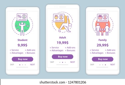Subscription prices onboarding mobile app screens vector templates. Student, family, adult tariff plans. Walkthrough website pages interface. Gym membership cost. Smartphone payment web page layout