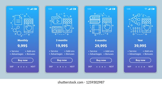 Subscription prices onboarding mobile app screens templates. Walkthrough website vector pages. Digital services costs. Tariff plans steps. Smartphone payment web page layout