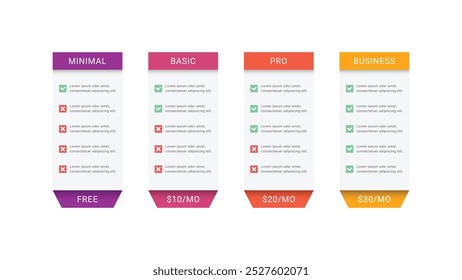 Modelo de Comparação de Pacotes da Tabela de Preços da Assinatura com 4 Planos