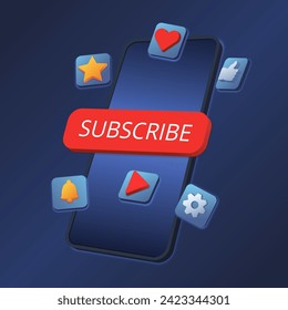 Subscription service app. Mobile phone with red subscribe button, bell, notification icon button. Concept of social media, marketing, blog. Vector illustration for website, mobile app