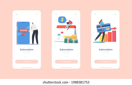 Subscription Service Internet Technology Mobile App Page Onboard Screen Template. Tiny Characters Subscribe at Huge Smartphone, Use Bank Card for Payment Concept. Cartoon People Vector Illustration