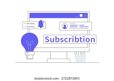 Servicio de Suscripción. Suscribirse para obtener las últimas notificaciones e información. Campana. Ilustración vectorial plana de la historieta, icono Web elegante de la página de aterrizaje del diseño abstracto
