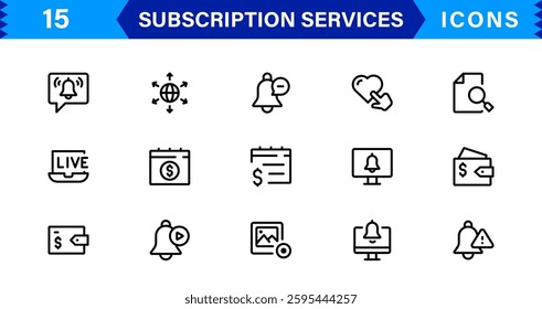 Subscription Services Icon Set. High-Quality Icons for Subscription Models, Digital Services, Payments, and Membership Platforms
