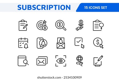 Subscription Services Icon Set. Modern and sleek icons for subscription-based platforms, perfect for enhancing user interfaces, streaming apps, SaaS products, and membership management.