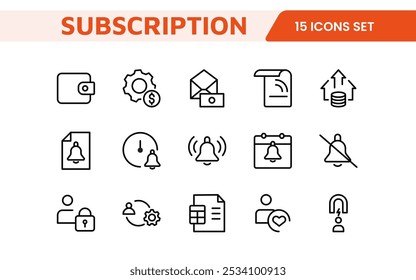 Subscription Services Icon Set. Modern and sleek icons for subscription-based platforms, perfect for enhancing user interfaces, streaming apps, SaaS products, and membership management.