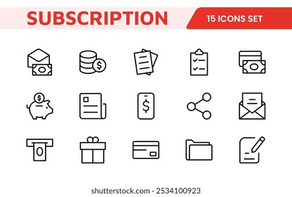 Subscription Services Icon Set. Modern and sleek icons for subscription-based platforms, perfect for enhancing user interfaces, streaming apps, SaaS products, and membership management.