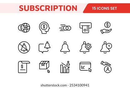 Subscription Services Icon Set. Modern and sleek icons for subscription-based platforms, perfect for enhancing user interfaces, streaming apps, SaaS products, and membership management.