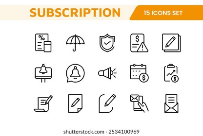 Subscription Services Icon Set. Modern and sleek icons for subscription-based platforms, perfect for enhancing user interfaces, streaming apps, SaaS products, and membership management.