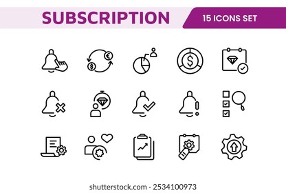 Symbolsatz für Abonnementdienste. Moderne und elegante Symbole für abonnementbasierte Plattformen, ideal für verbesserte Benutzeroberflächen, Streaming-Apps, SaaS-Produkte und Mitgliedschaftsverwaltung.