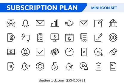 Symbolsatz für Abonnementdienste. Moderne und elegante Symbole für abonnementbasierte Plattformen, ideal für verbesserte Benutzeroberflächen, Streaming-Apps, SaaS-Produkte und Mitgliedschaftsverwaltung.