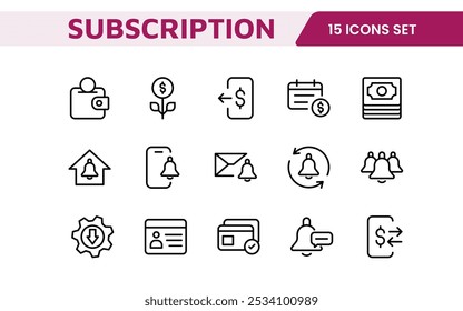 Subscription Services Icon Set. Modern and sleek icons for subscription-based platforms, perfect for enhancing user interfaces, streaming apps, SaaS products, and membership management.