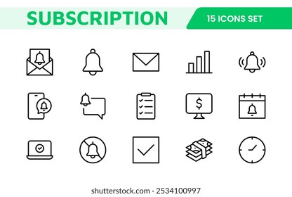 Conjunto de iconos de servicios de Suscripción. Iconos modernos y elegantes para plataformas basadas en Suscripciones, perfectos para mejorar las interfaces de usuario, los App de streaming, los productos SaaS y la gestión de membresías.