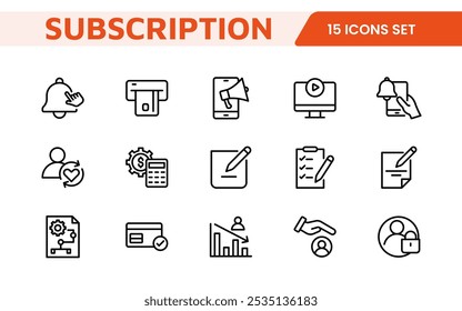 Subscription Services Icon Set. Modern and sleek icons for subscription-based platforms, perfect for enhancing user interfaces, streaming apps, SaaS products, and membership management.