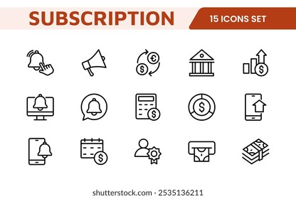 Conjunto de Ícones dos Serviços de Inscrição. Ícones modernos e elegantes para plataformas baseadas em assinatura, perfeitos para aprimorar interfaces de usuário, aplicativos de streaming, produtos SaaS e gerenciamento de membros.