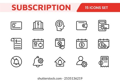 Subscription Services Icon Set. Modern and sleek icons for subscription-based platforms, perfect for enhancing user interfaces, streaming apps, SaaS products, and membership management.