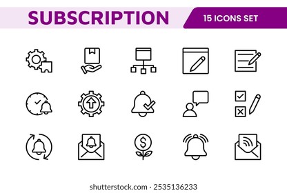 Symbolsatz für Abonnementdienste. Moderne und elegante Symbole für abonnementbasierte Plattformen, ideal für verbesserte Benutzeroberflächen, Streaming-Apps, SaaS-Produkte und Mitgliedschaftsverwaltung.