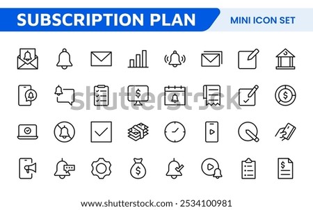 Subscription Services Icon Set. Modern and sleek icons for subscription-based platforms, perfect for enhancing user interfaces, streaming apps, SaaS products, and membership management.