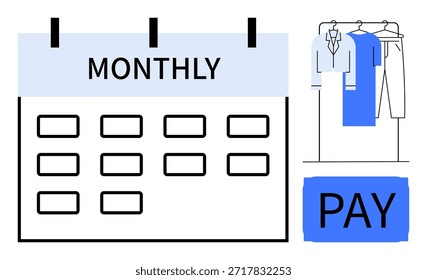 Servicios de Suscripción, Planes de pagos mensuales, gestión financiera, comercio electrónico, alquiler de prendas de vestir, facturación recurrente. Calendario etiquetado Mensual con prendas y Botón de pago. Servicios de Suscripción