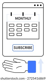 Abonnementdienste, Online-Zahlungen, Technologie, Geschäftspläne, Kundenbindung, automatisierte Abrechnung. Minimalistisches Design mit Kalender, Abonnement-Taste und Handgeste. Mitgliedschaft