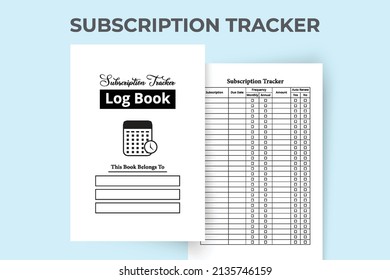 Subscription tracker notebook interior. Personal subscription information logbook template. Interior of a journal. Monthly subscription expense planner notebook. Subscription planner interior.