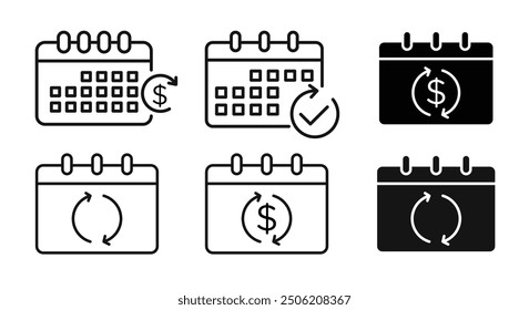 Abonnement-Vektorsymbol-Set. automatisches monatliches oder jährliches Abonnementgebührenzeichen. Zahlungssymbol für automatische Abonnementgebühren. geschäftstermin reSchedule Zeichen in schwarzer Farbe.