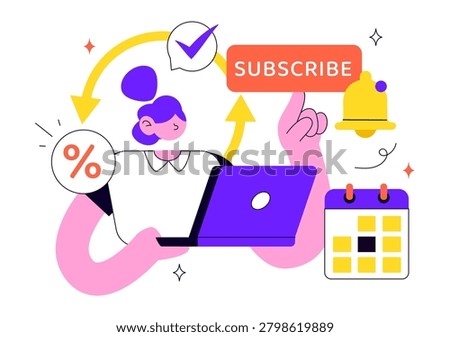 Subscription Vector Illustration Featuring Email Marketing, Membership Plans, Subscriber Management, Digital Notifications, and Online Service