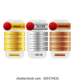 Subscription/pricing plan template.gold silver and bronze. Vector