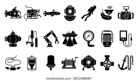 Subsea exploration and marine engineering icons with sea bed, underwater
