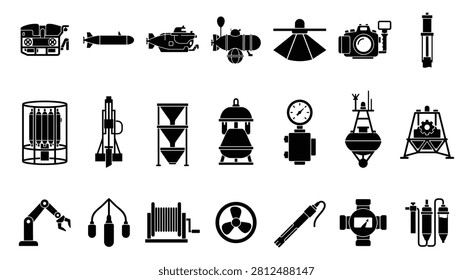 Subsea exploration and underwater industrial technology icons with underwater