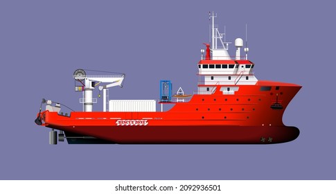 Subsea Support Vessel DP-2  With 4 Point Mooring Anchors Capabilities For Survey,construction And Diving Job Vector Illustration.