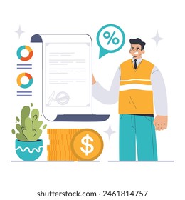 Subsidy concept. A man showcases a financial aid document highlighting the percentage benefits of subsidies. Flat vector illustration