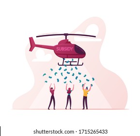 Subsidy, Governmental Help to People. Male and Female Characters Catching Dollar Bill Falling from Helicopter Flying in Sky. Small Business and Families Support. Cartoon People Vector Illustration