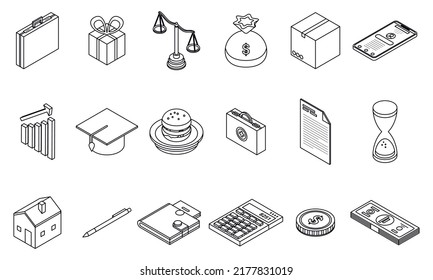 Subsidy icons set. Isometric set of subsidy vector icons thin line outline on white isolated