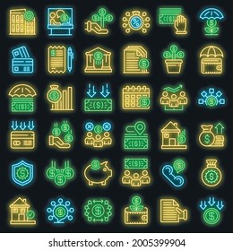 Subsidy icons set. Outline set of subsidy vector icons neon color on black