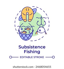 Subsistence fishing multi color concept icon. Seafood production, fish harvesting. Round shape line illustration. Abstract idea. Graphic design. Easy to use in infographic, presentation