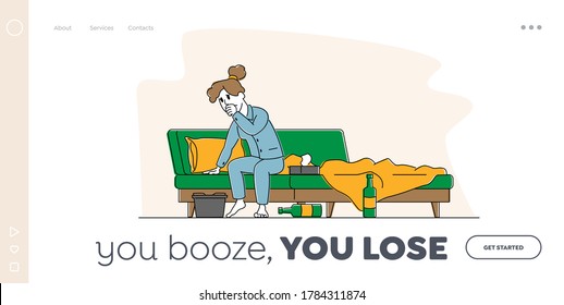 Substance Abuse Landing Page Template. Female Character Nausea, Woman with Hangover Syndrome Sit on Bed with Empty Alcohol Bottles and Basin after Party Booze Celebration. Linear Vector Illustration