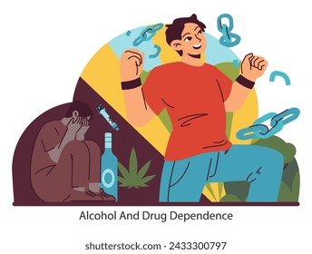 Substance Abuse Recovery. Contrasting the struggle of addiction with the path to recovery. The duality of substance dependency battles. Flat vector illustration.