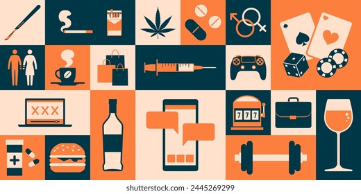 Substance and behavioral addictions banner with icons, mental disorders concept