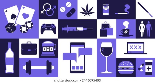 Substance and behavioral addictions banner with icons, mental disorders concept