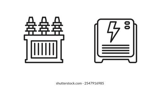 ícones da linha da subestação, transformador elétrico e gerador de energia de backup