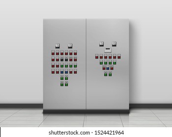 Substation room. Electrician equipment, technical generator. Transformer to increase or decrease voltage of electric current and control panel with on and off buttons Realistic 3d vector illustration