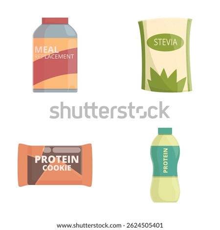 Substitute icons set cartoon vector. Food substitute in various package. Healthy eating