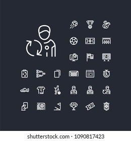 Substitute player icon in set on the black background. Soccer / football linear icons to use in web and mobile app.