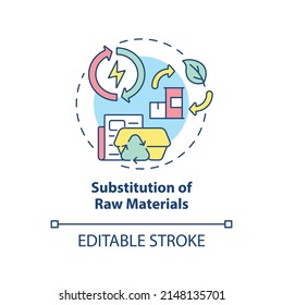 Icono de la sustitución del concepto de materias primas. Ilustración de línea delgada de idea abstracta de opción de producción más limpia. Dibujo de contorno aislado. Trazo editable. Fuentes Arial, Myriad Pro-Bold utilizadas