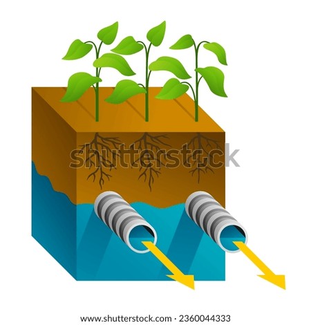 Subsurface drainage system for water infiltration and lower salinity. Placing perforated pipe below the soil surface. Isometric vector diagram
