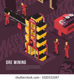 Subsurface underground mining process isometric composition poster with ore output transportation conveyor and boring machine vector illustration  