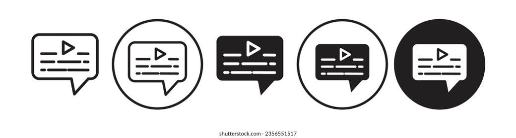 icono de subtítulos. Símbolo de subtítulo de vídeo de audio. Conjunto de vectores de la leyenda cc del reproductor multimedia. Esquema plano del formato de texto del archivo de medios. letras de música en línea desactivar logotipo