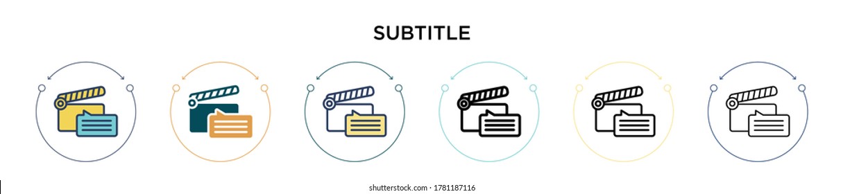 Subtitle icon in filled, thin line, outline and stroke style. Vector illustration of two colored and black subtitle vector icons designs can be used for mobile, ui, web