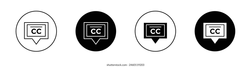 Subtitles icon set. closed caption cc vector symbol. video captioning pictogram in black filled and outlined style.