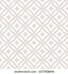 Subtle abstract floral seamless pattern. Vector white and beige background. Simple geometric ornament. Luxury graphic texture with diamond shapes, rhombuses, square grid, repeat tiles. Elegant design